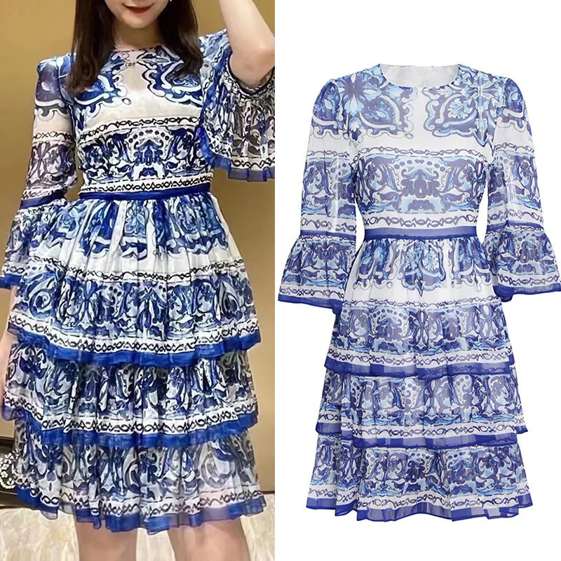Women Dress Runway Summer Clothes Midi Dress Spaghetti Strap Blue White Porcelain Elastic Bust A-line Vintage Long Dresses250222