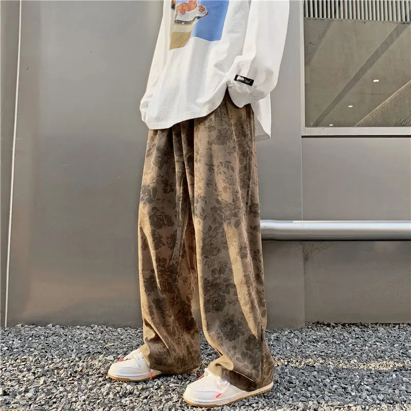 Vintage Floral Corduroy Pants Streetwear Y2k Men Wide leg Oversize Harajuku Casual Straight Long Trousers Korean Fashion 250225