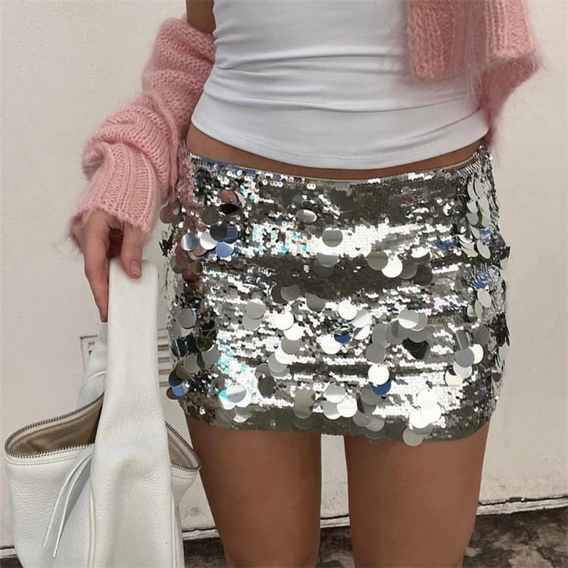 Women 2000s Aesthetic Silver Skinny Low Waist Short Mini Skirt Evening Party Skirts Y2k Clubwear Fashion Sequins Skirts Dress 250225