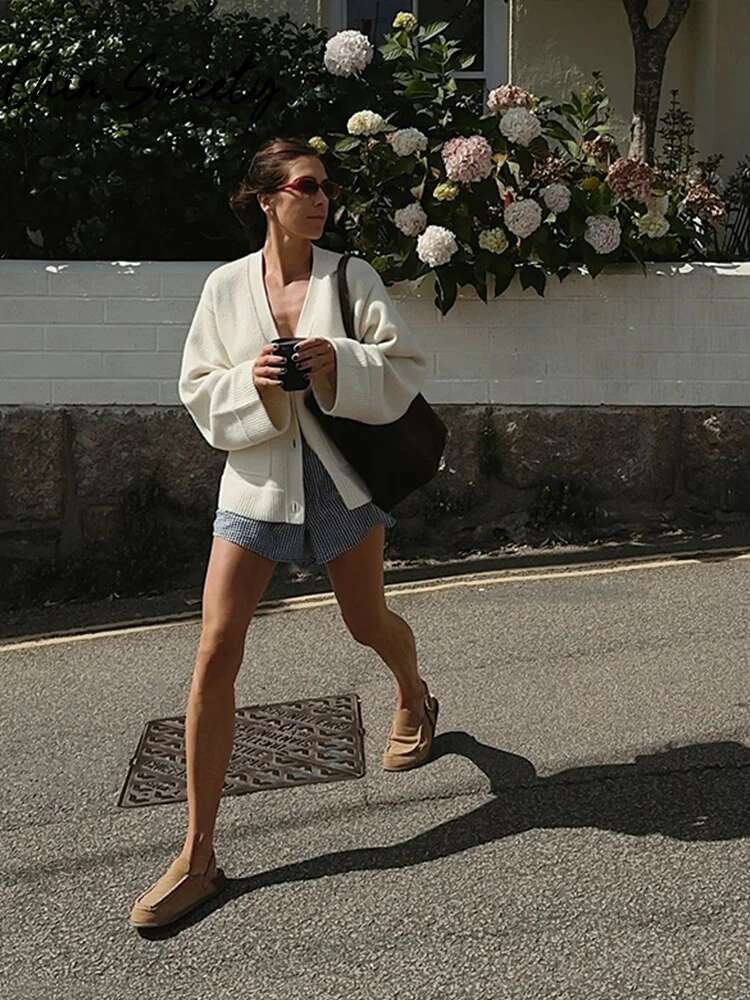 Lazy Knitted Women Cardigan Autumn Loose Long Sleeve V-Neck Single Breasted Pocket Female Sweater 2024 Fashion Lady Knitwear