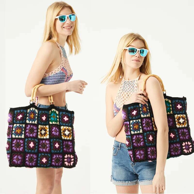 Vintage Crochet Granny Square Tote Designer Bamboon Handle Women Handbags Knitted Handmade Woven Big Shopper Purses 2023 Bag