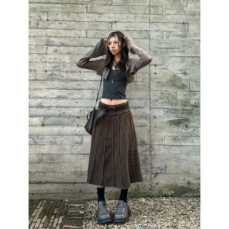Women's A-E Denim Pleated Vintage 90S Aesthetic Y2k Long Jean Skirt Haruku Korean Cowboy Skirts 2000S Clothes Autumn