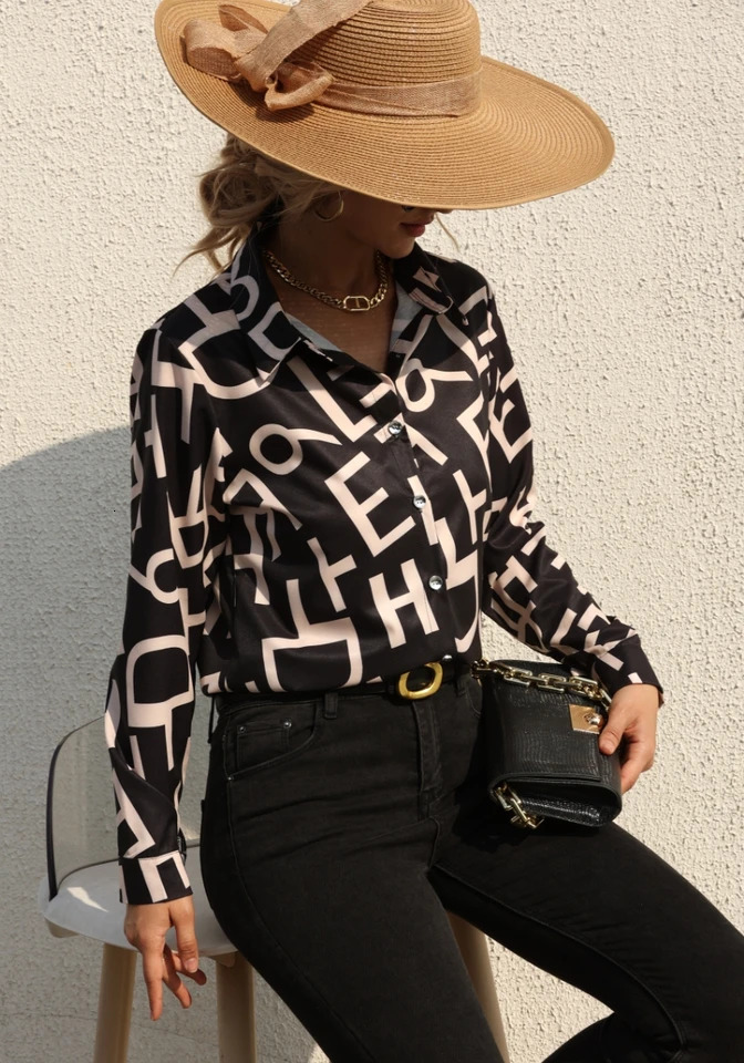 Elegant Womens Fashion Blouse SpringSummer Digital Print Shirt Slim Fit Office Female Tops 250225