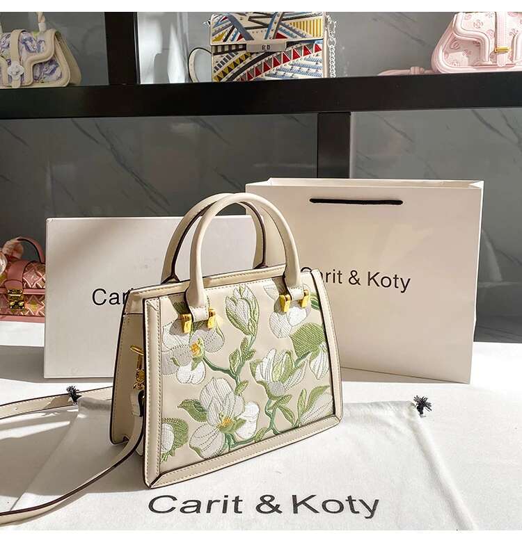 High Quality Textured Leather Embroidered Ral Square Fashion Women's Handbag Lady Purse Female Shoulder Messenger Bag