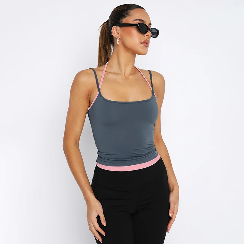 CUTENOVA Spring Adjustable Straps Halter Clash Color Two Piece Square Neck Backless Solid tie Style Top 250225