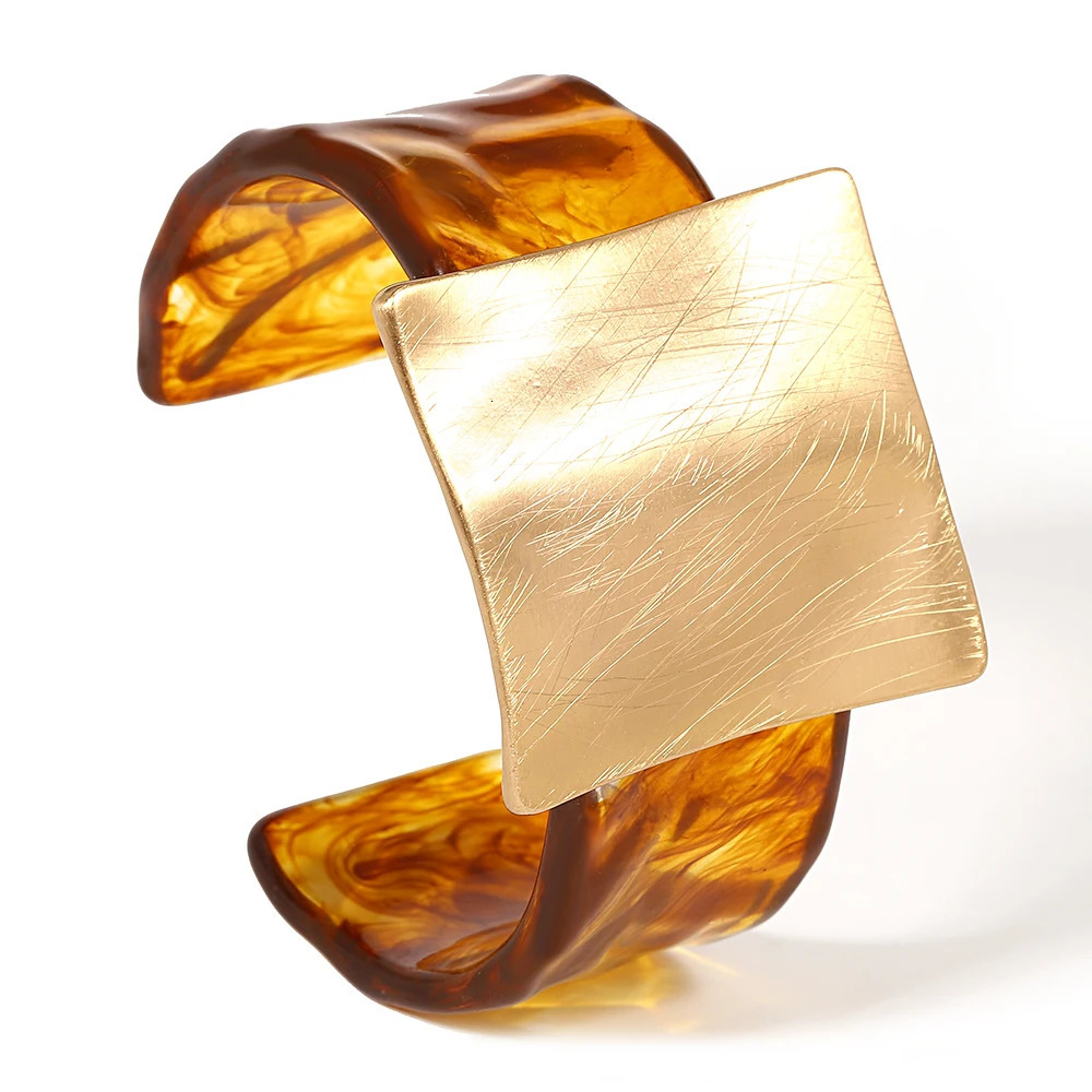 ALLYES Fashion Geometric Square Matte Metal Acrylic Open Bangle for Women Personality Simple Wide Bracelets Party Jewelry Gifts 250225