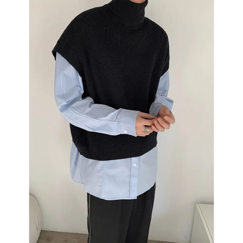Turtleneck Sweater Vest Men Warm Fashion Winter Casual Knitted Pullover Korean Loose Short Mens Jumper Clothes 250225