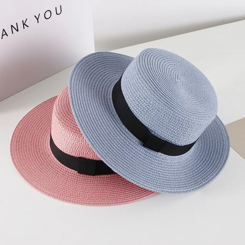 Summer Unisex Flat Top Sun Hats For Women And Men Solid Color Wide Brim Black Ribbon Beach Straw Hat Foldable Holiday Cool Caps 250218