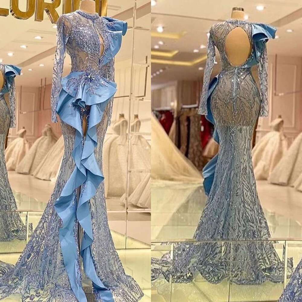 Fashion Evening Dresses Mermaid Jewel Lace Applique Decoration On Waist Side Split Hollow Court Gown Prom Dress Vestido De Noite 6660311