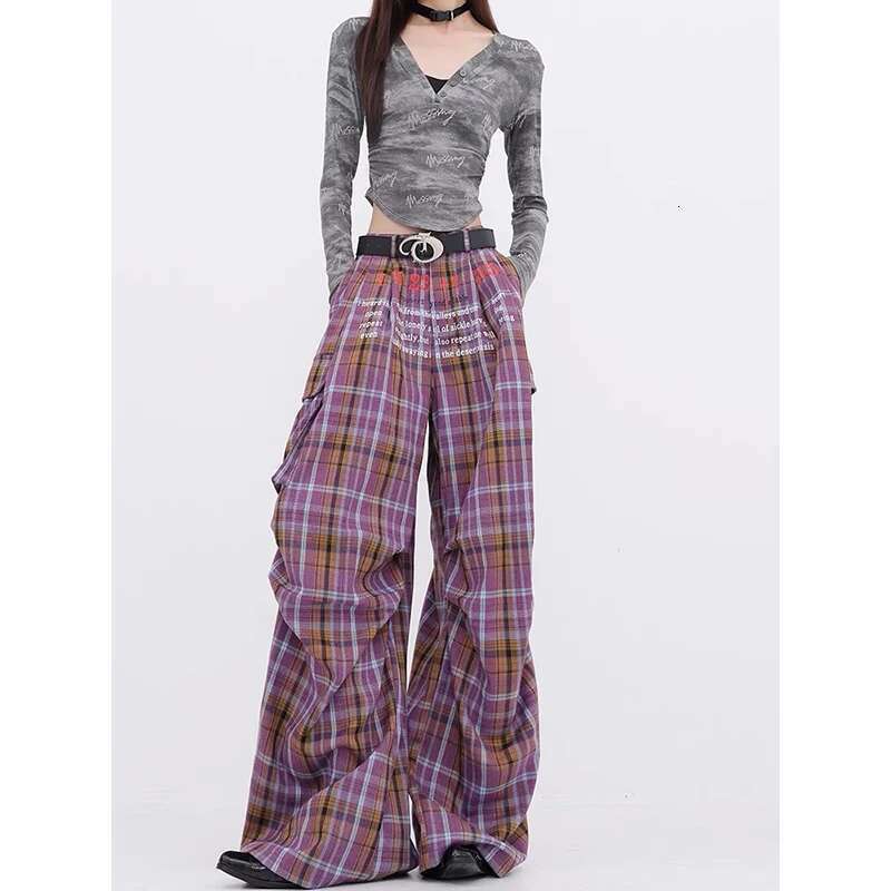 Y2k Purple Plaid Cargo Pants Women Korean Fashion Winter Checked Trousers Oversized Haruku Vintage 90S Wide Leg Pantalones