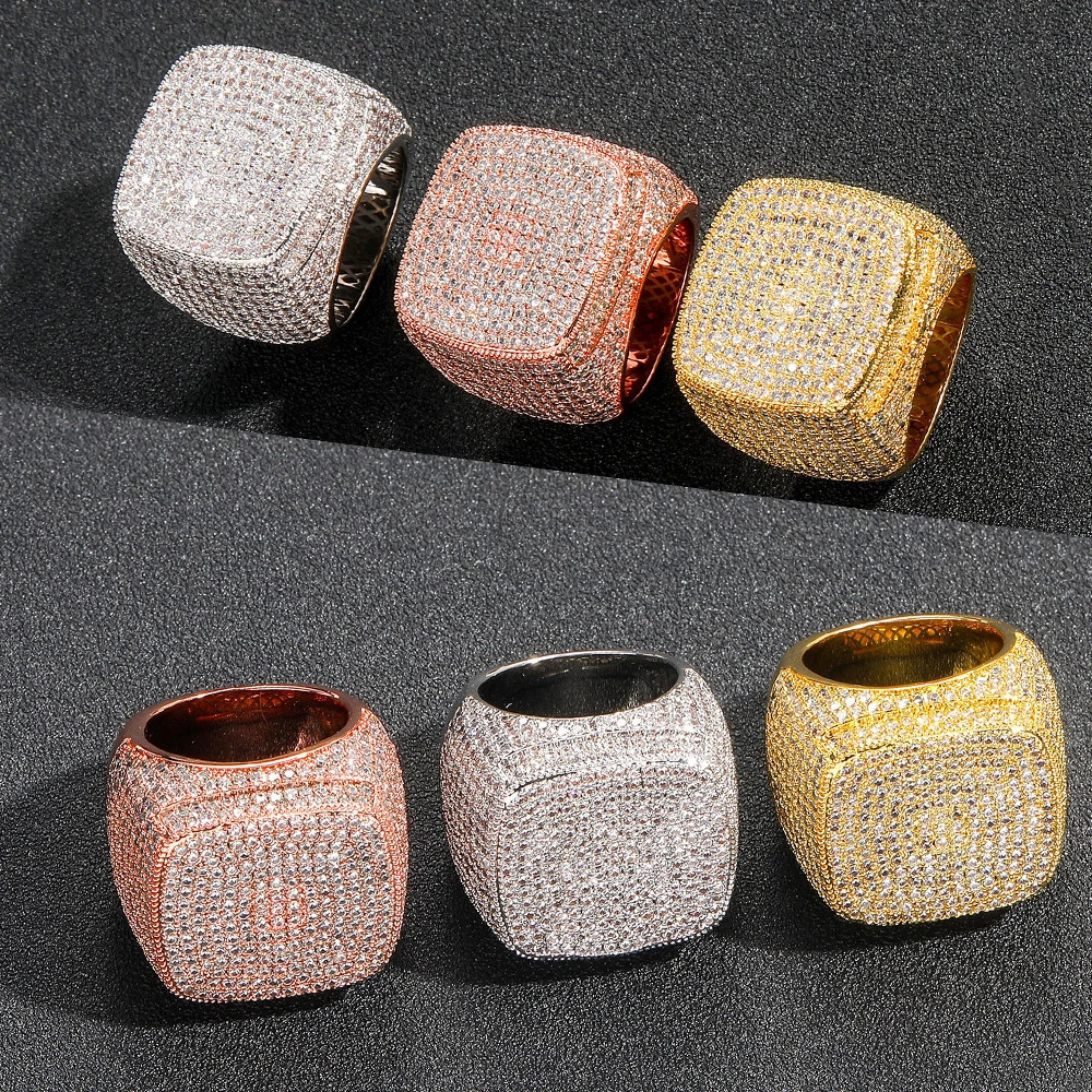 Square Ice Out Big Signet Ring Men Hip Hop Trend Jewelry Large Cubic Zircon Stone Paved Finger Band Party Accessory Gift 250225