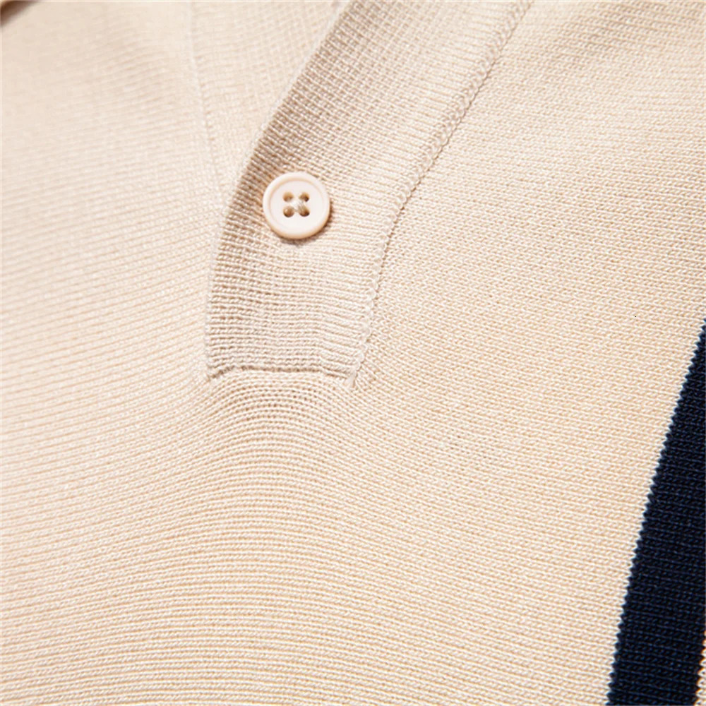 AIOPSON 2025 Mens Breathable Striped Contrast Panel Polo Shirt - Lightweight Summer Casual Knit Top with Mesh Inserts 250226