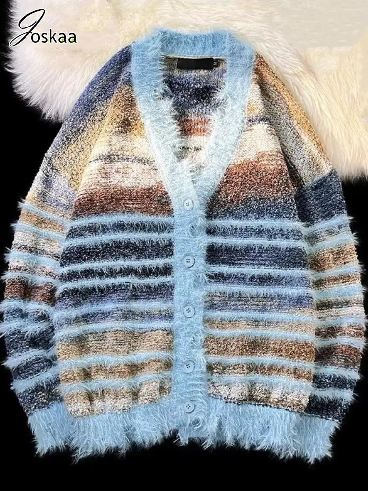 Joskaa Colorful Striped Oversized Knitted Cardigan Women Hipster V-Neck Full Sleeve Button Sweater Coat Outerwear Y2K Streetwear 250225