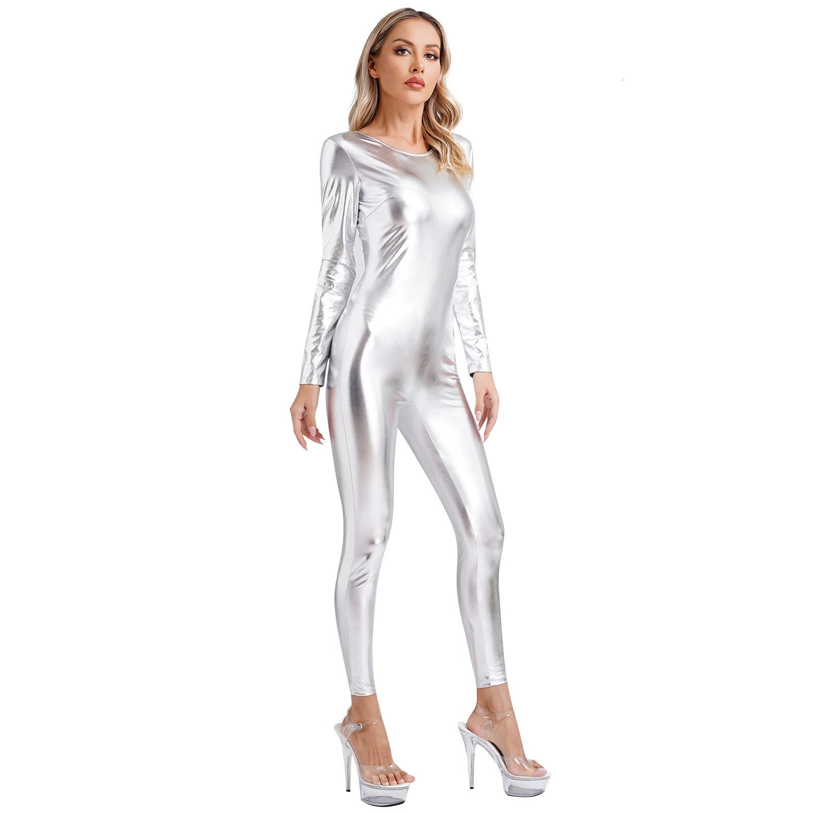 Womens Metallic Shiny Unitard Dancewear Round Neck Long Sleeve Slim Fit Full Bodysuit One Piece Clubwear Festival Costumes 250224