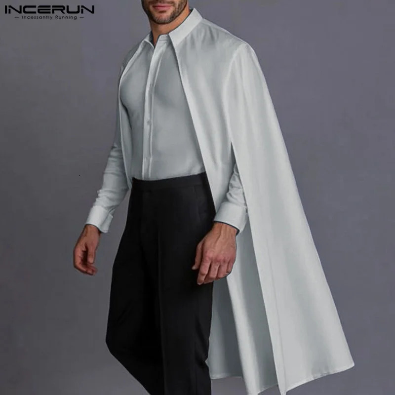 Fashion Casual Style Tops INCERUN Mens Hollowed Cape Mid Length Shirt Male Solid Simple Loose Long Sleeved Blouse S-5XL 250224