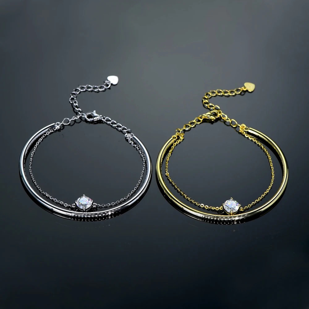 Trend 1CT Round Single Stone Bracelet 925 Sterling Silver Chain Double-layered Bangle Womens Charm Jewelry Gift 250220
