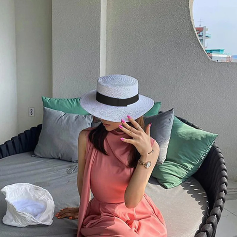 Summer Unisex Flat Top Sun Hats For Women And Men Solid Color Wide Brim Black Ribbon Beach Straw Hat Foldable Holiday Cool Caps 250218