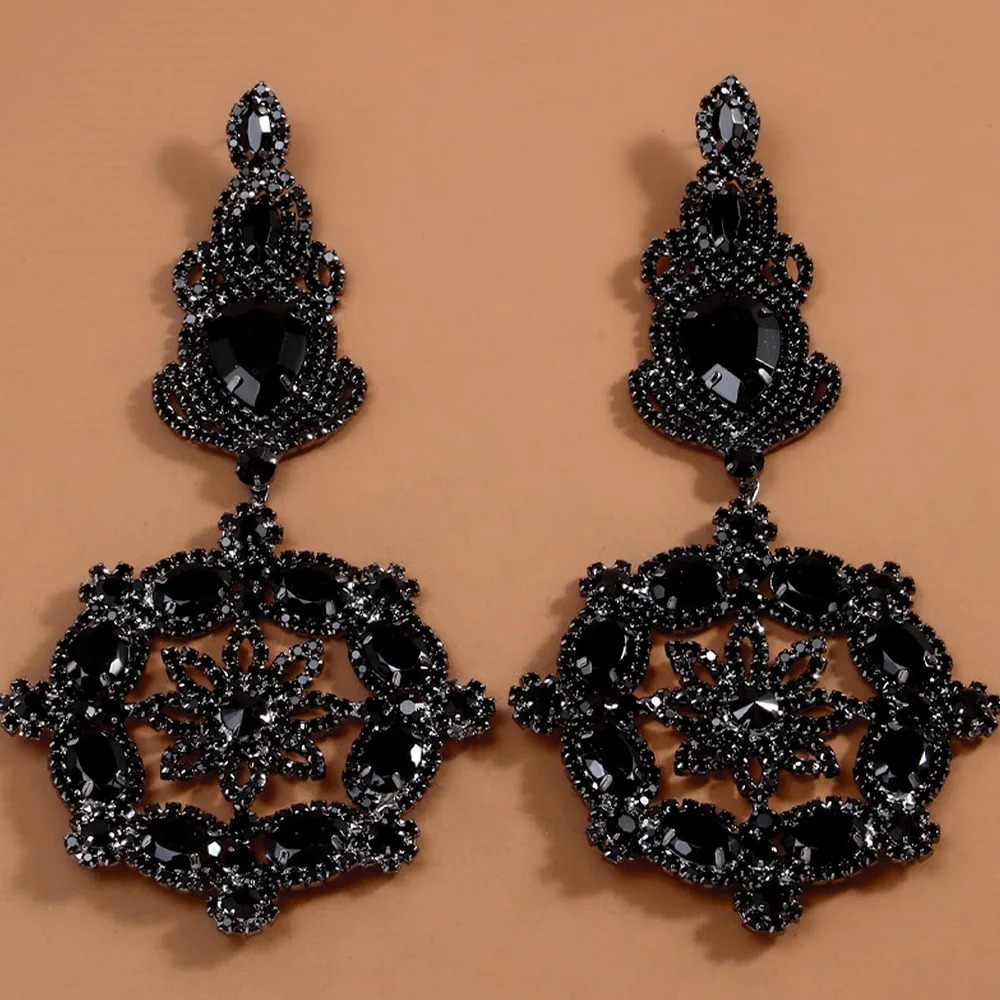Stonefans Elegant Black Oversize Flower Earrings Piercing Bridal Jewelry Hollow Exaggerated Rhinestone Dangle Earrings for Women 250225