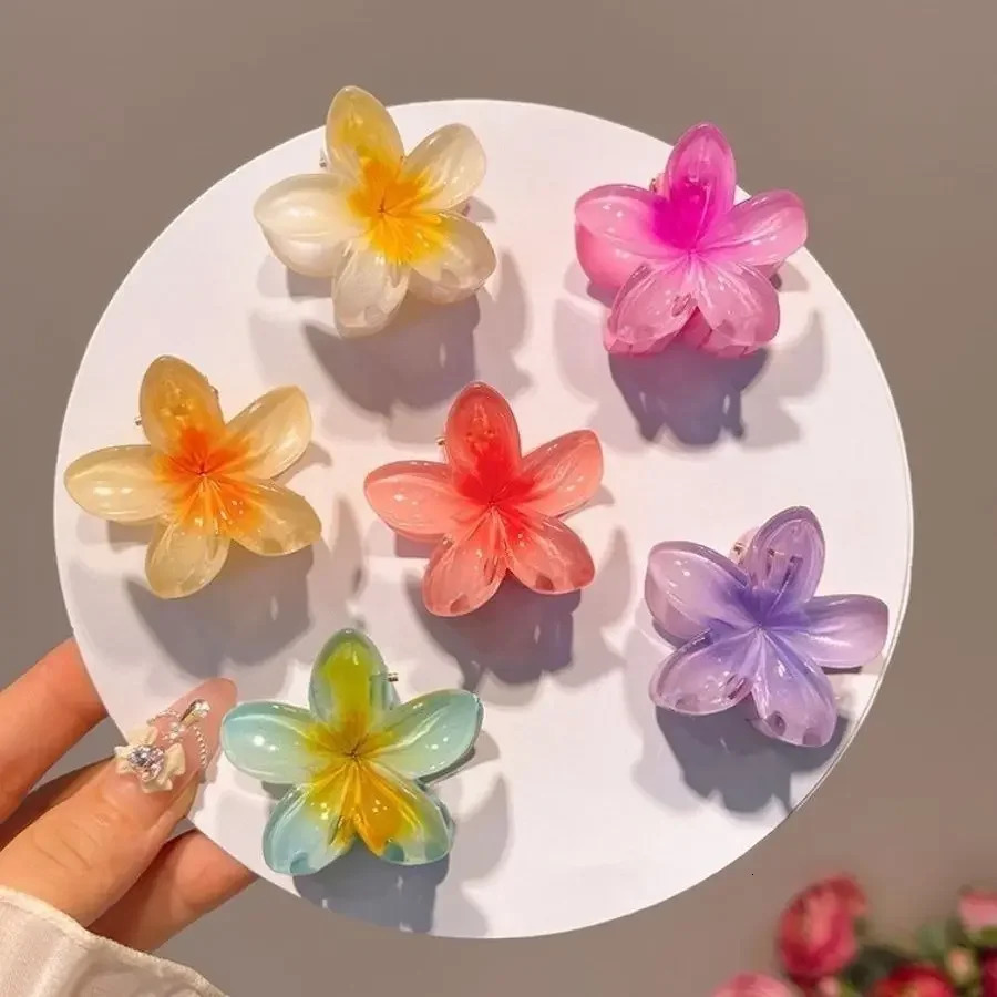 6Pcs Hawaiian Gradient Hair Clips Flower Claws Small Size Fashion Headwear Hairpin Crab Barrette Accessories for Women 250218