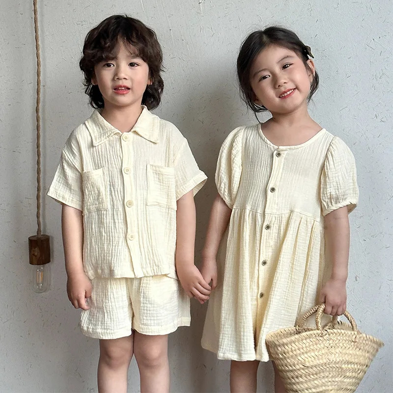 Childrens Summer Clothing Set Boys Short Sleeve Shirt Shorts 2pcs Casual Suit Girls Solid Color Dress Sister Brother Outfit 250221