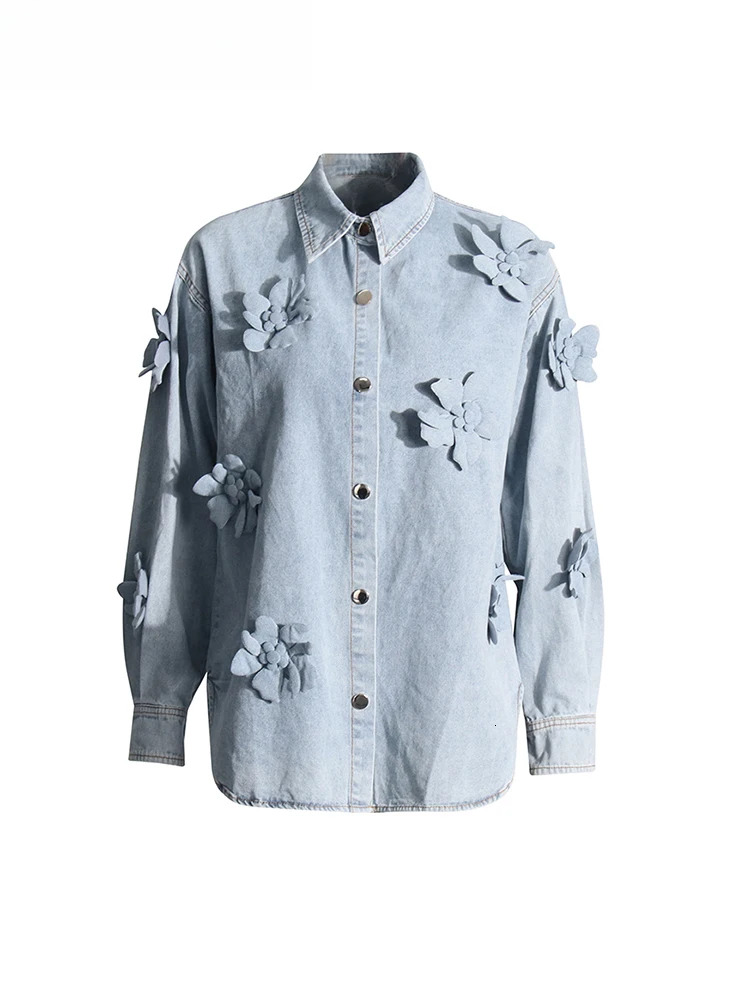 Solid Patchwork Appliques Loose Denim Jackets For Women Lapel Long Sleeve Spliced Button Minimalist Coats Female