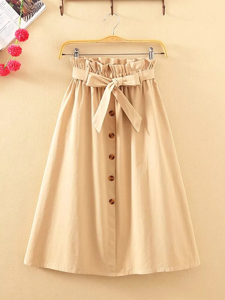 Summer Autumn Skirts Womens Midi Knee Length Korean Elegant Button High Waist Skirt Female Pleated School Skirt 250226