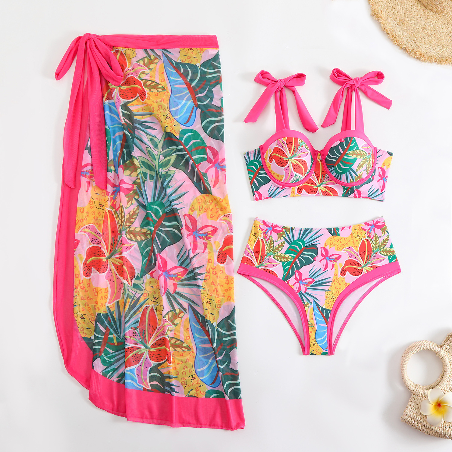 2025 sexy swimwear new color blocked printed floral three piece set mesh beach long skirt swimsuit bikini