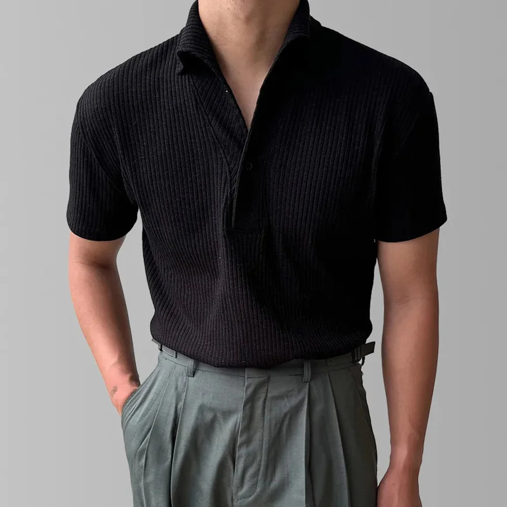 Mens Polo Thread Elastic Solid Color Bottom Shirt Autumn Casual Sports Fitness Show Muscle American Top Mens Clothing Unisex 250225