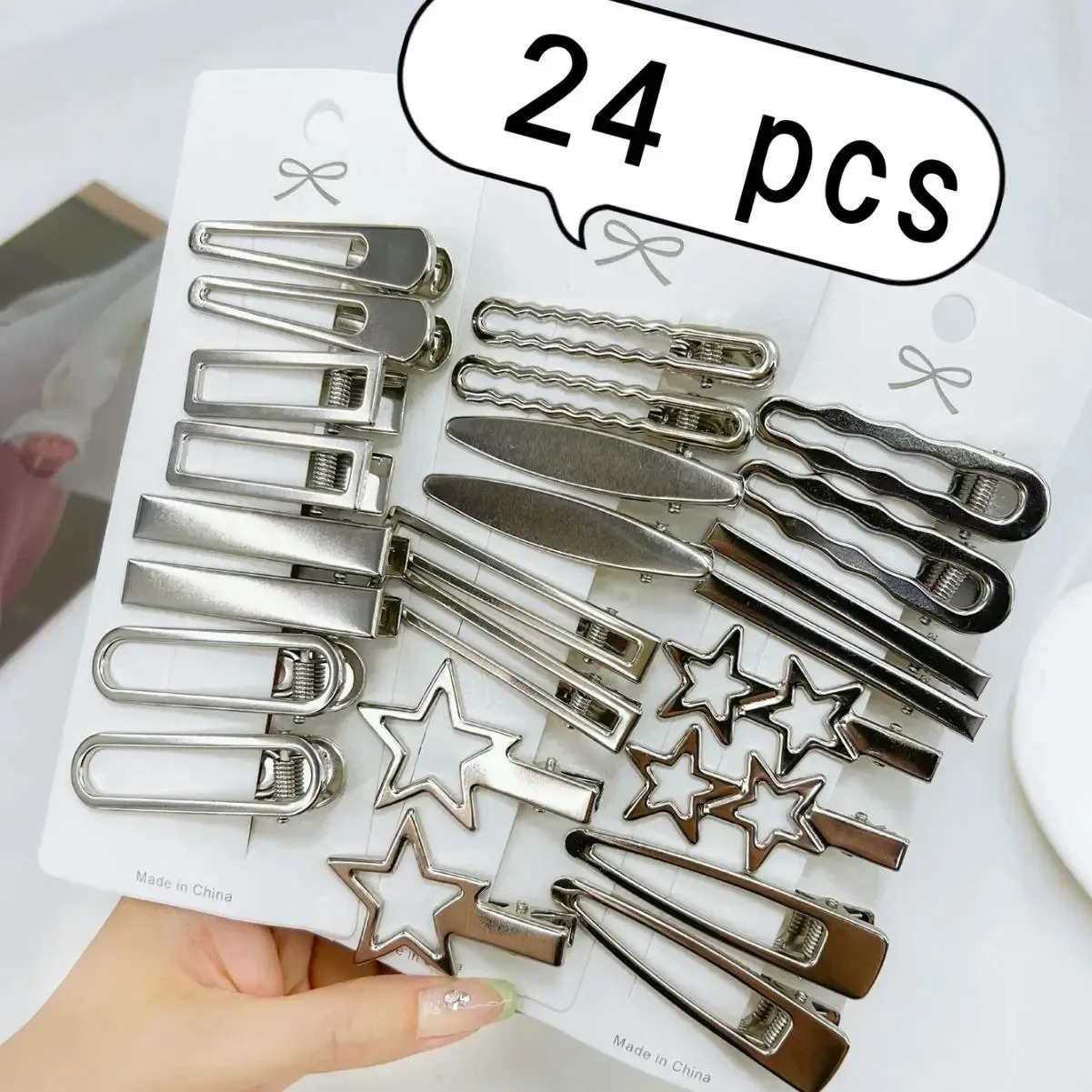 24PcsSet Y2K Silver Metal Hairpins for Women Girls Star Hair Clip Multiple Styles Seamless Duckbill Accessories 250218