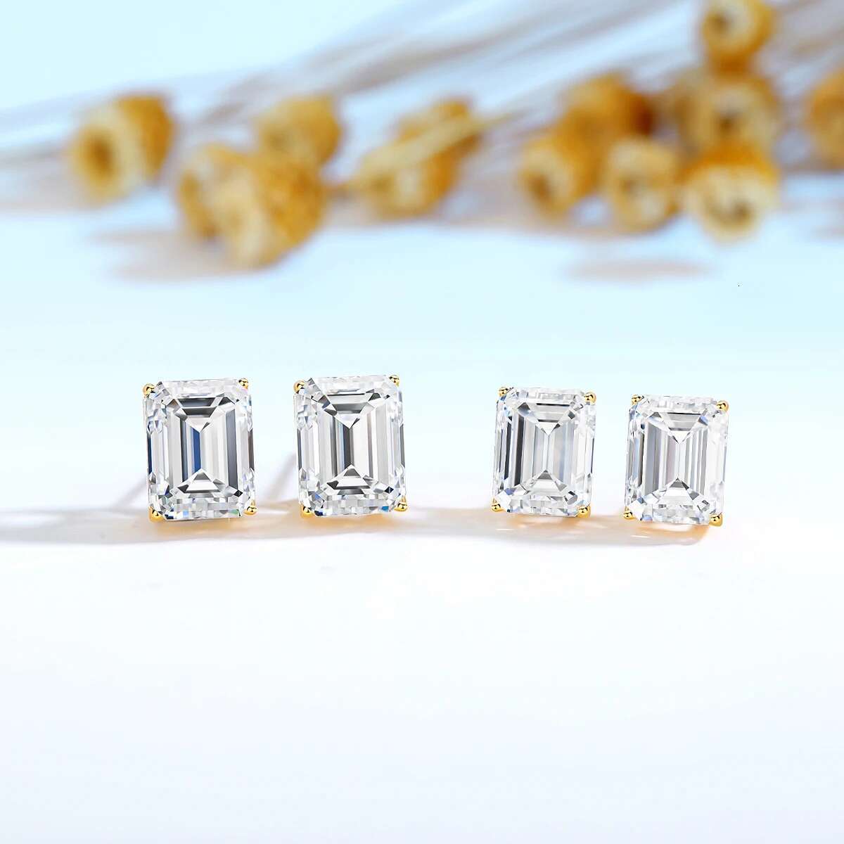 Pure 14k Gold Moissanite Stud Earrings Brilliant Dia Emerald Cut Engagement Wedding Jewelry Gifts for Women