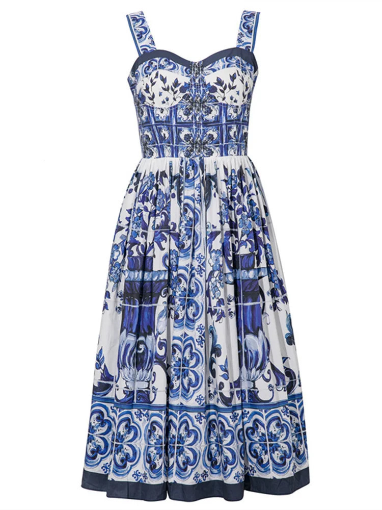 JAMERARY Summer Blue And White Porcelain Flower Printing Cotton Long Dress Women Straps Zipper Elastic Backless Midi Vestidos250222