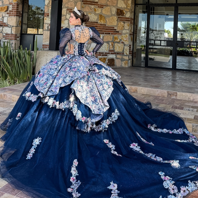 Navy Blue Shiny Quinceanera Dresses Ball Gown Off Shoulder Applique Lace Beading Crystal Tull Corset Sweet 16 Dress Vestidos 15 De Anos