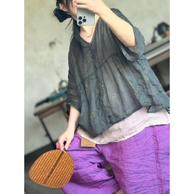 Women Loose Printed Ramie Blouse Ladies V Neck Thin Vintage Shirt 2024 Long Sleeves Cute Mori Girl Clothing Summer Blusas Mujer