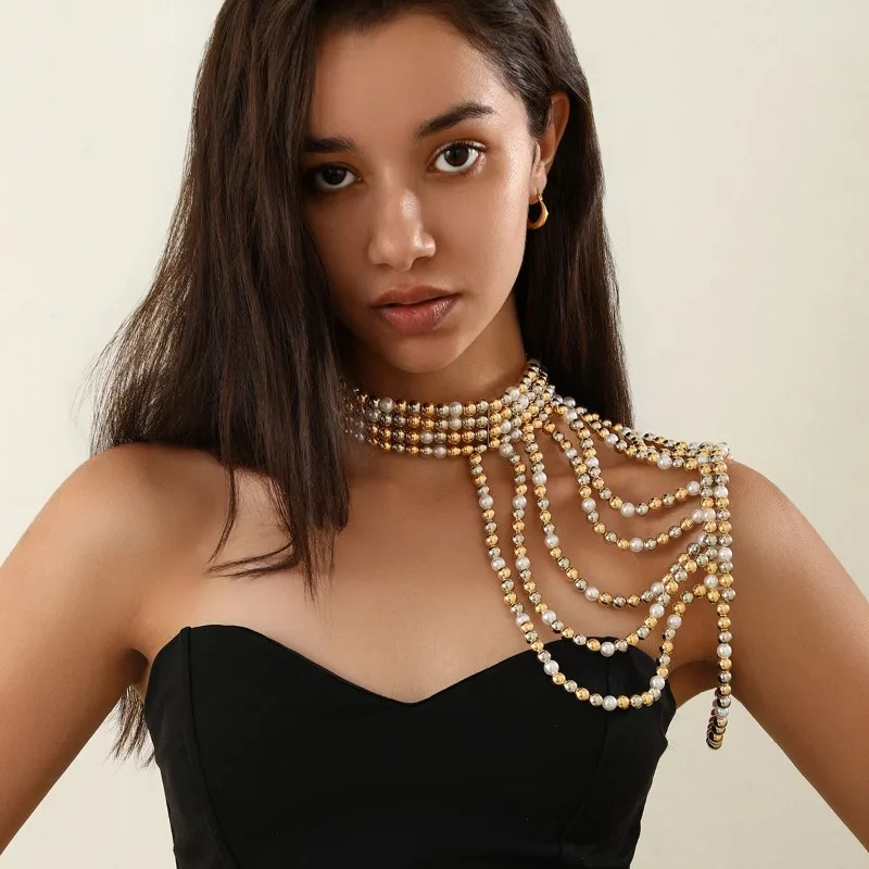 2024 Fashion Creative Pearl Tassel Shoulder Chain Body Chain for Women Girls Personality Metal Geometric Body Jewelry 250225