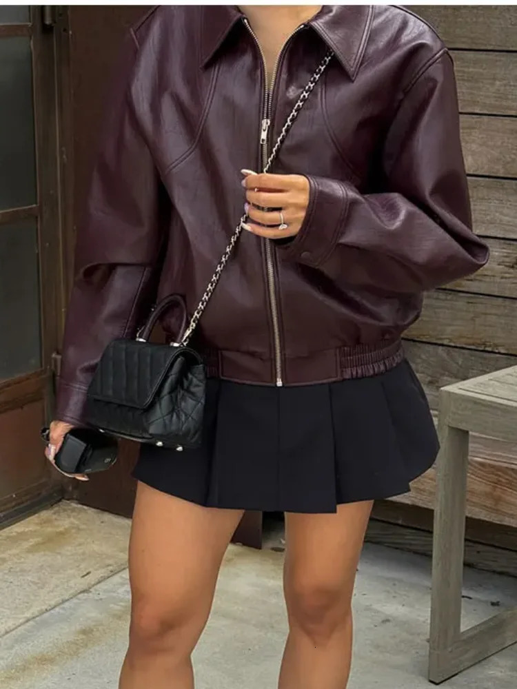 Women Braid Lapel Cropped Leather Jacket Vintage Zipper Long Sleeve Motor Bicycle Coat Chic Casual Retro Loose Street Outerwear 250225