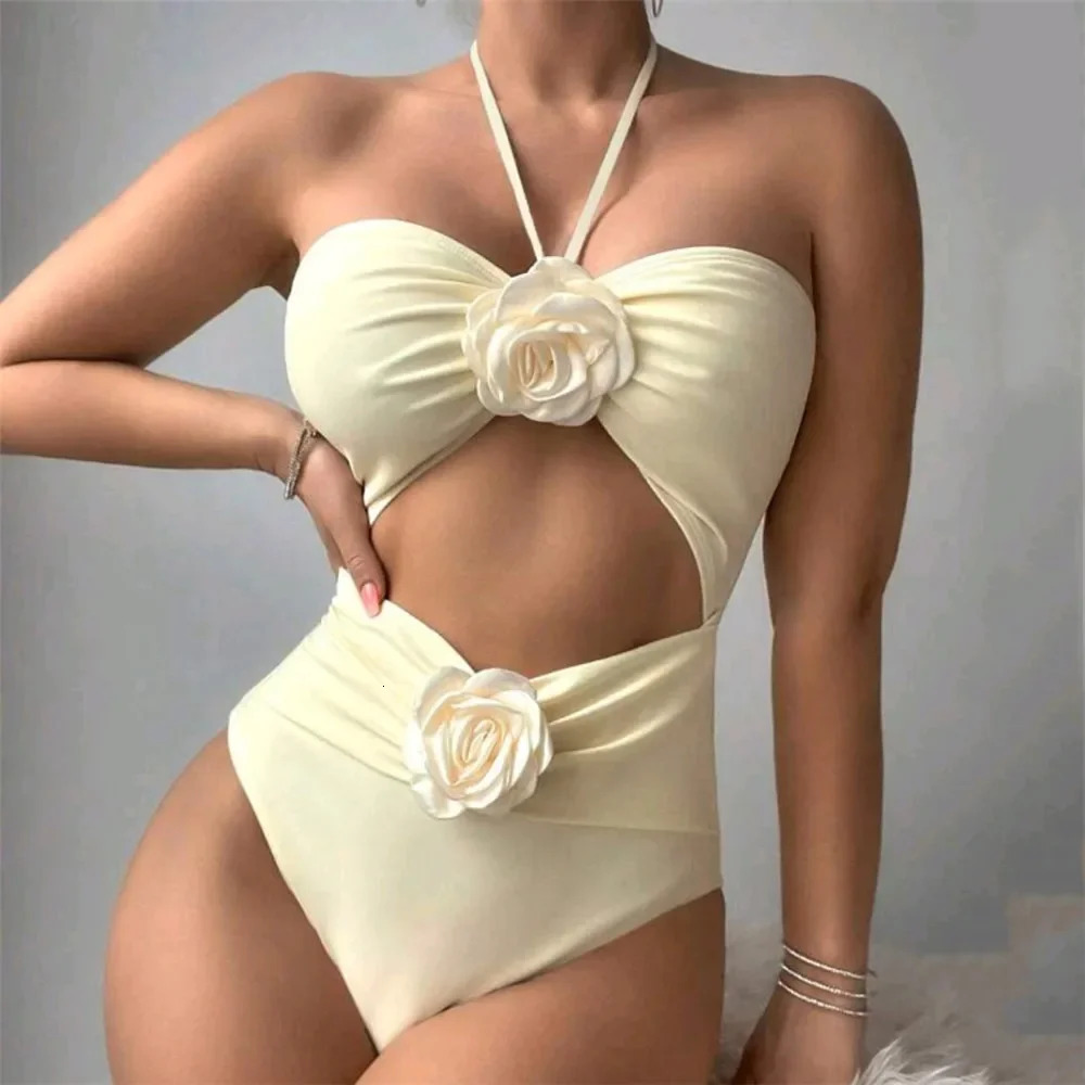 Sexy 3D Flower Hollow Out Swimwear One Piece Swimsuits Women Summer String Halter Monokini Swimming Bathings Suit Bather 250225