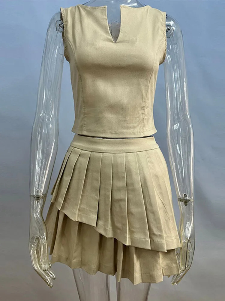 Sleeveless Tank Top Skirt Sets Women V-neck Elegant Slim Vest Tops Pleated Mini Skirts Suits 2 Pieces Female Spring Outfits 250225