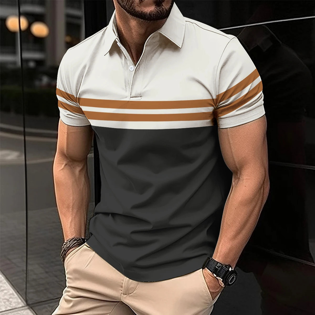 2025 explosive fashion mens POLO shirt lapel buttons patchwork printed mens short-sleeved casual sports mens clothing 250225