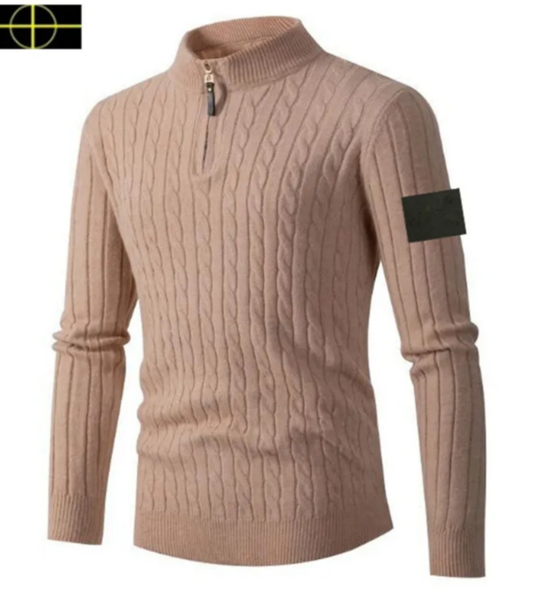 Men's Sweaters stones jacket islands cargo jumper Half-zip sweater men autumn retro lazy style lapel sweater loose casual solid color knitted jacquard sweater