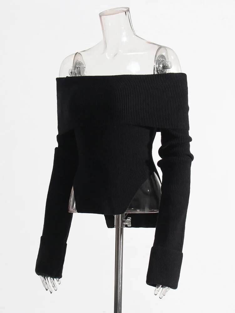 Solid Slimming Knitting Sexy Sweaters For Women Slash Neck Long Sleeve Cold Shoulder Temperament Sweater Female New