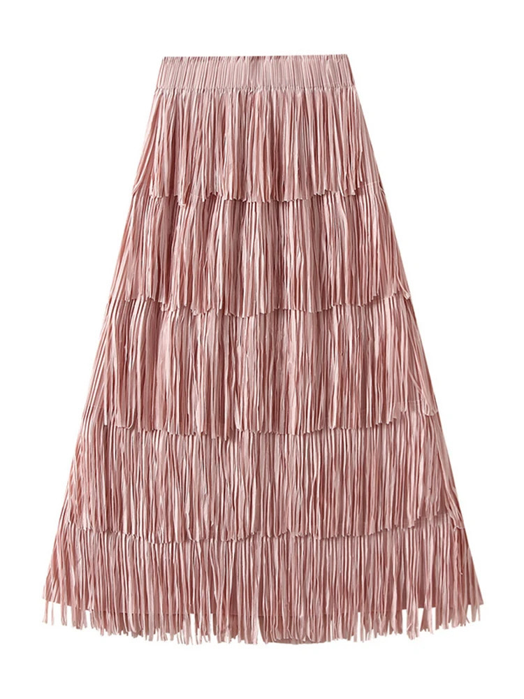 LANMREM Pleated Tassel Long Skirts For Women High Waist Solid Color Stitching Elegant Party Clothing 2025 Summer Autumn 2DA1644 250225