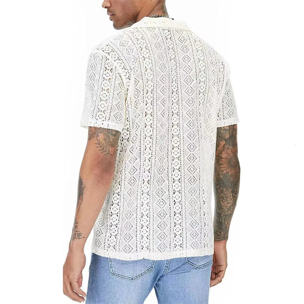 Summer Fashion Casual Style Mens Tops Hollow Out Lace Pane Solid Printed Sexy Blouse Male Knitted Short-sleeved Shirts 250222