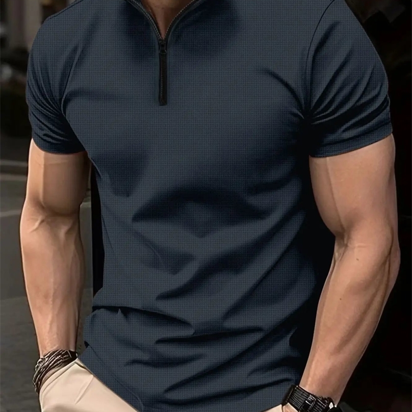 Summer Mens POLO Shirt Zipper Henley Collar Short-Sleeved T-Shirt Shirt Casual Sports solid Color Stand Collar Trend T-Shirt 250225