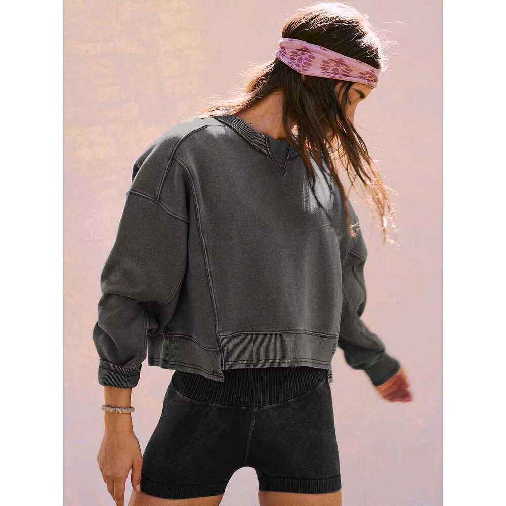 Customized Y2k Long Sleeve Outdoors Crop Shirt Round Neck Loose Terry Pullover Sporty Wear Sweatshirt Women Basic Top