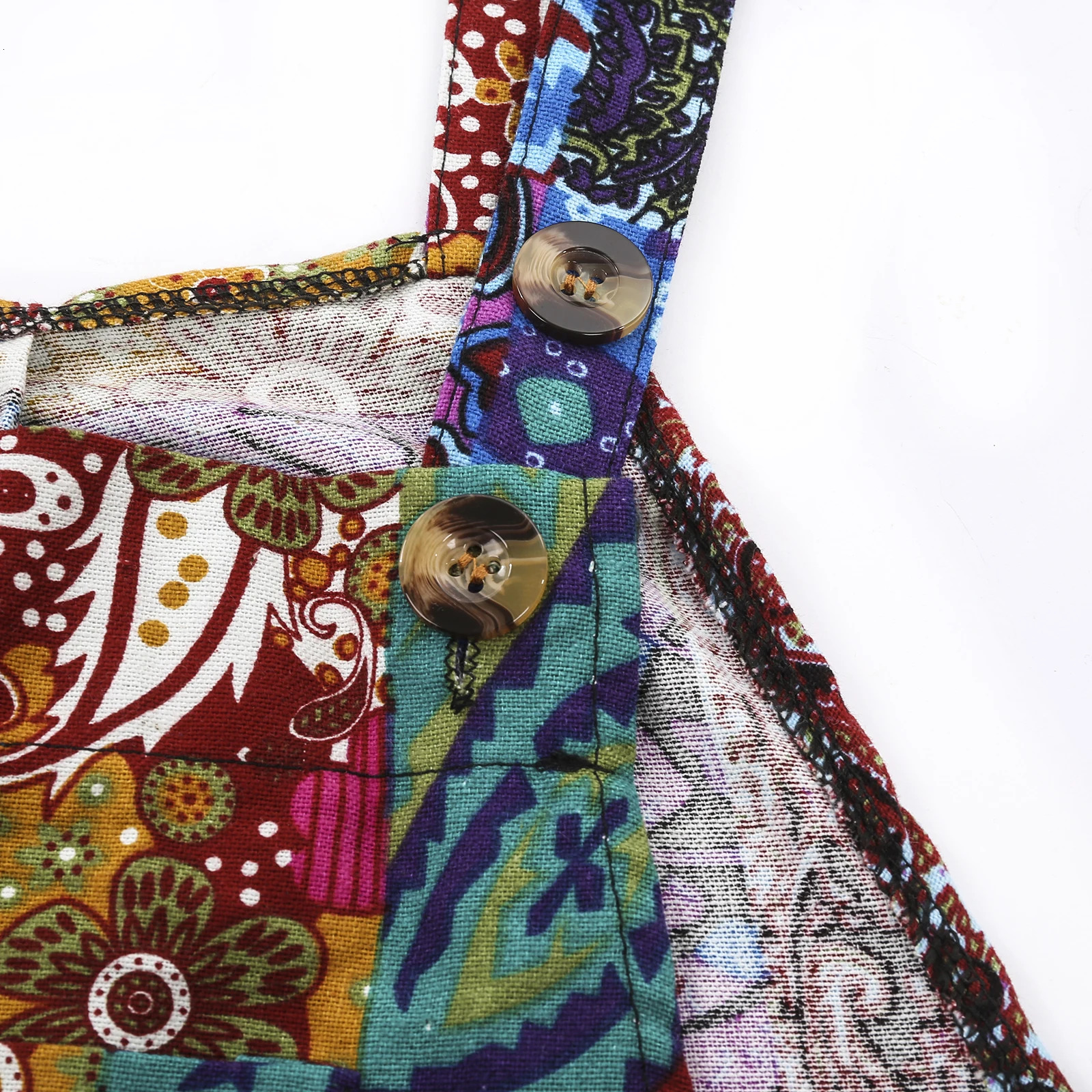 Captivating Women Summer Overalls Multicolor Ethnic Style Square Neck Sleeveless Casual Jumpsuit with Pockets for Girls 250224