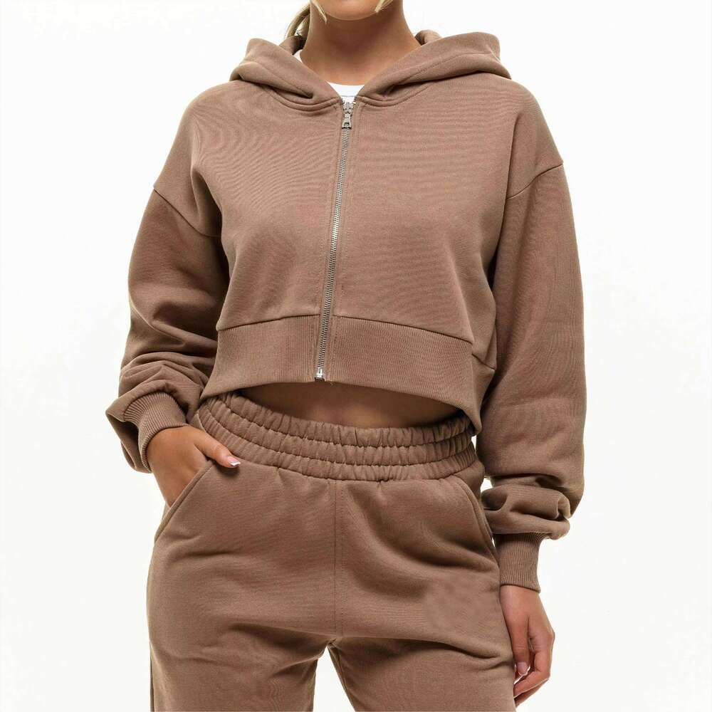 Cotton Korean Trendy Cropped Tan Zip Hoodie Women Soft Knitting Fabric Ribbed Hem For Casual Streetwear Outfits In Winter