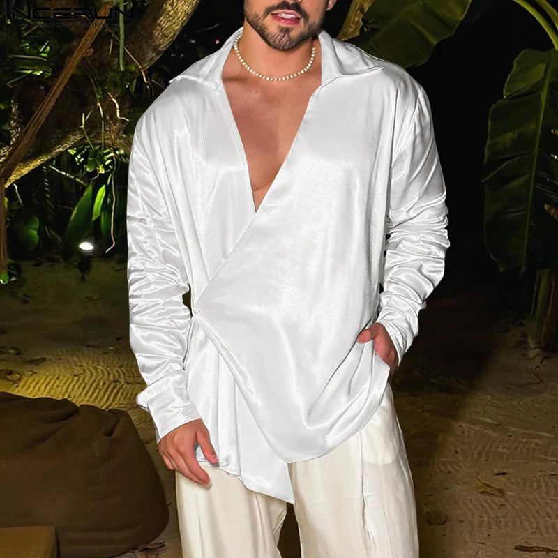 INCERUN Sexy Solid Color Shirts Handsome Men Casual Long Sleeve Tops Well Fitting Male Lapel Blouses Hollow Out Button Tops 250224