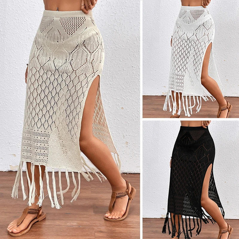 Women Knitted Texture Sarong Skirts Sexy High Slit Tassel Cover-Up Beach Summer Vacation Wrapped Skirt Bikini Cover Up 250225