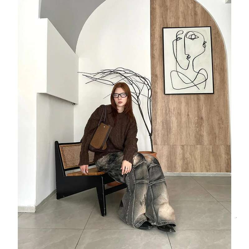 MDNG American Vintage Waist Printting Jeans Women Casual 2000S Washed Pants Baggy Y2k Wide Leg Grunge High Street Denim Trouser