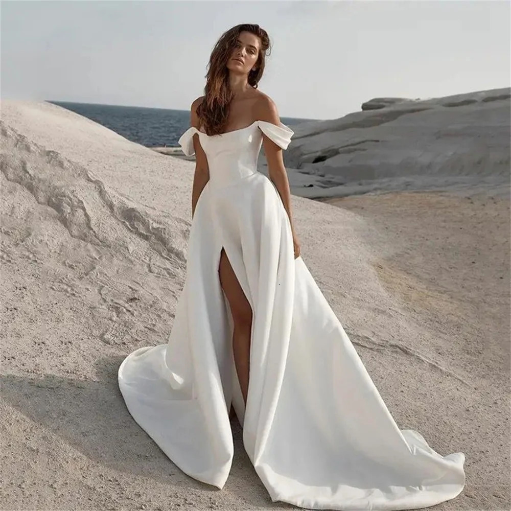 Simple Civil Wedding Dresses Off the Shoulder Sleeveless Side Split Summer Beach Bride Dress Satin Minimalist Gowns 2024 250224
